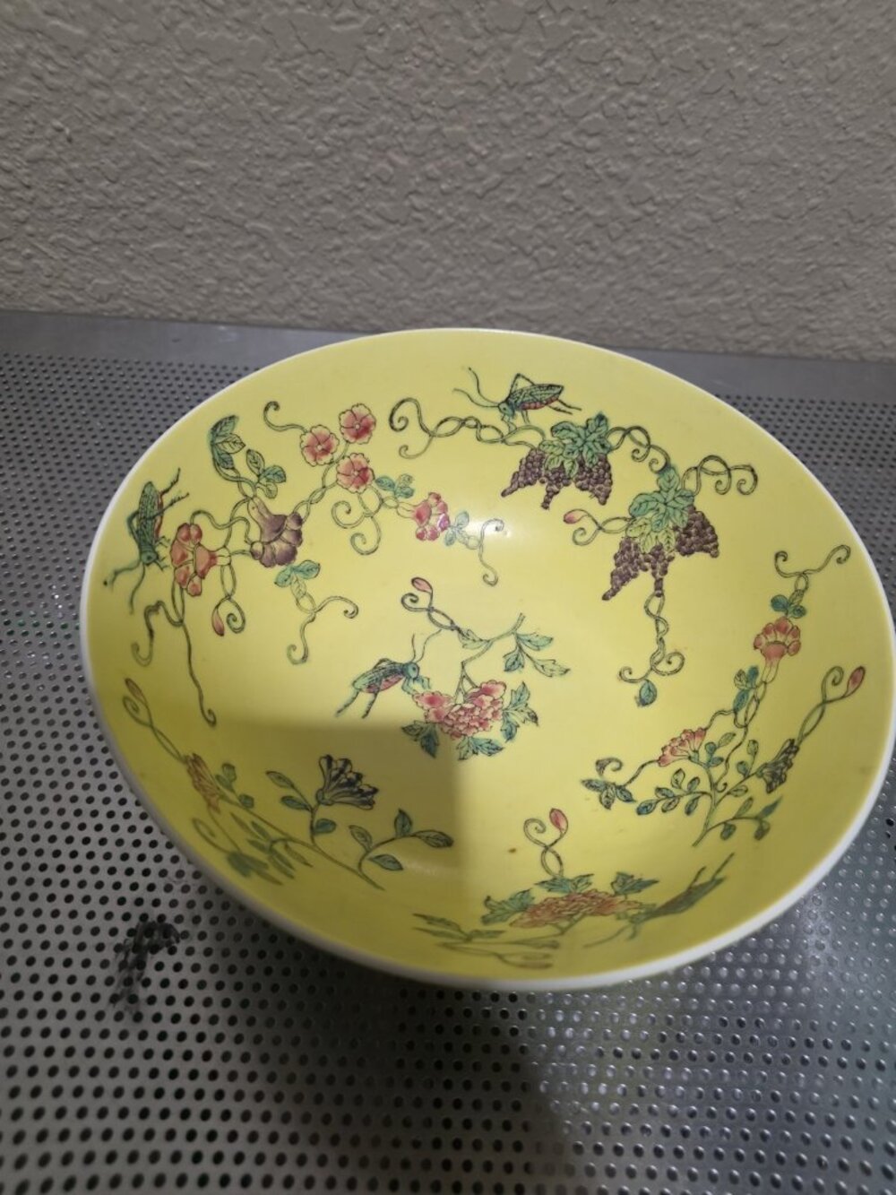 Vintage Toyo Asian Porcelain Bowl Yellow with Crickets Grapes Decorative